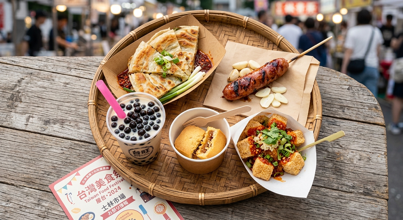 대만 축제의 스트리트 푸드를 가득 차려놓은 풍성한 한 상