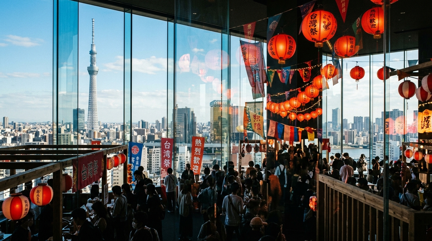 축제 장식이 된 유리 너머로 보이는 도쿄 야경, 두 문화가 융합되는 풍경
