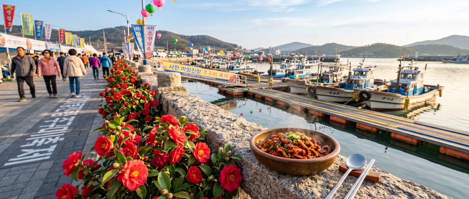 マリャンジン港と椿の花、ムチュコミ料理が織りなす祭りの風景