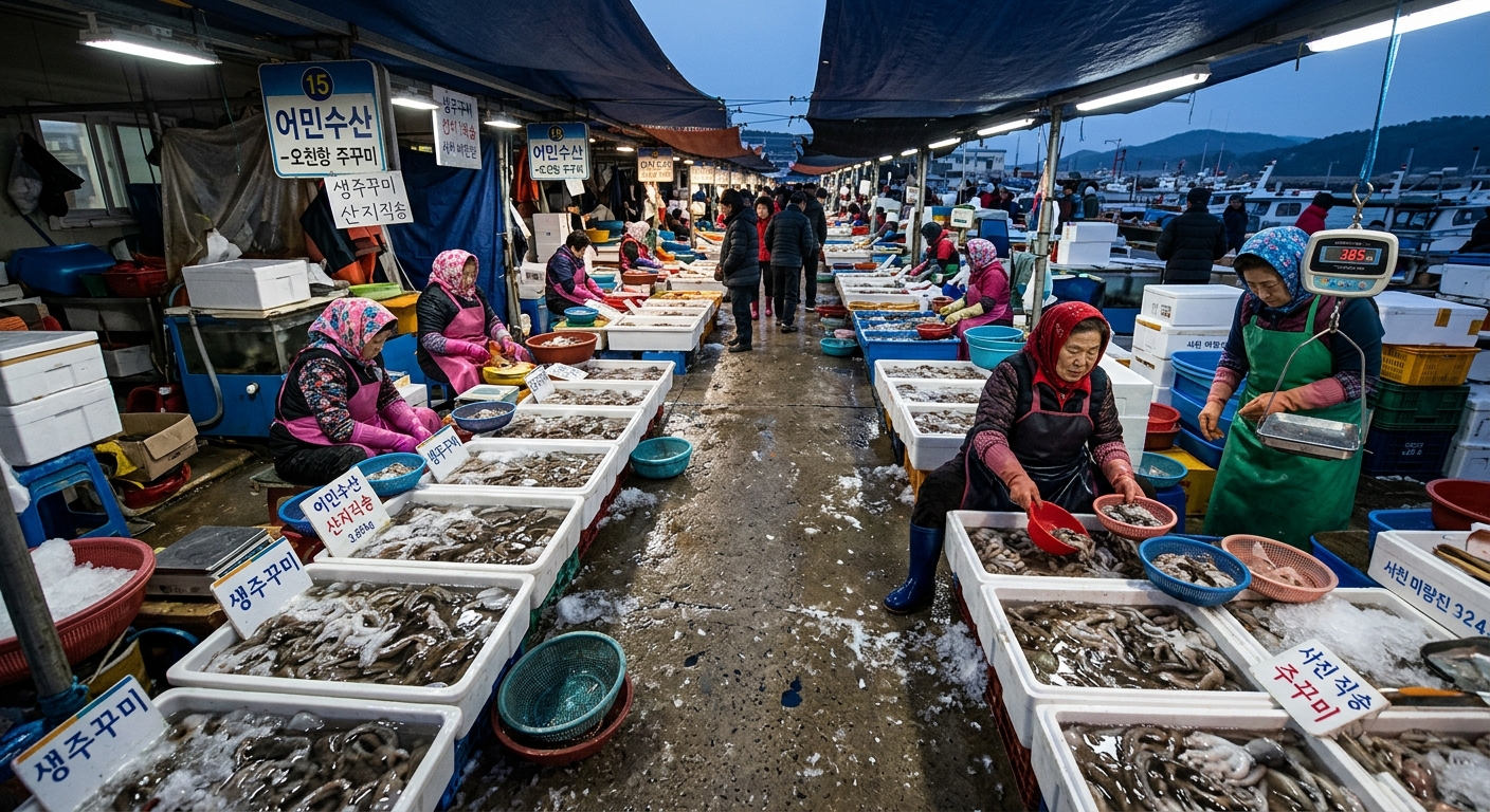 夜明けのマリャンジン港で活気づく鮮魚市場とテナガダコの露店