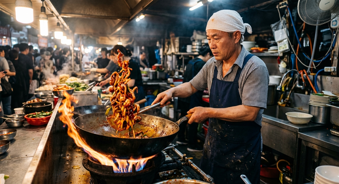 炎が上がる中華鍋でテナガダコを炒める料理人の躍動的な姿