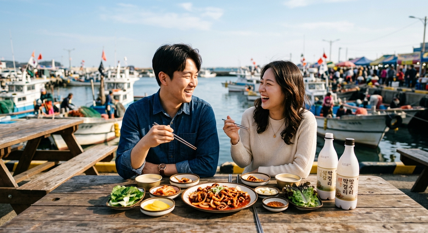港の屋外で海鮮料理を楽しむカップル