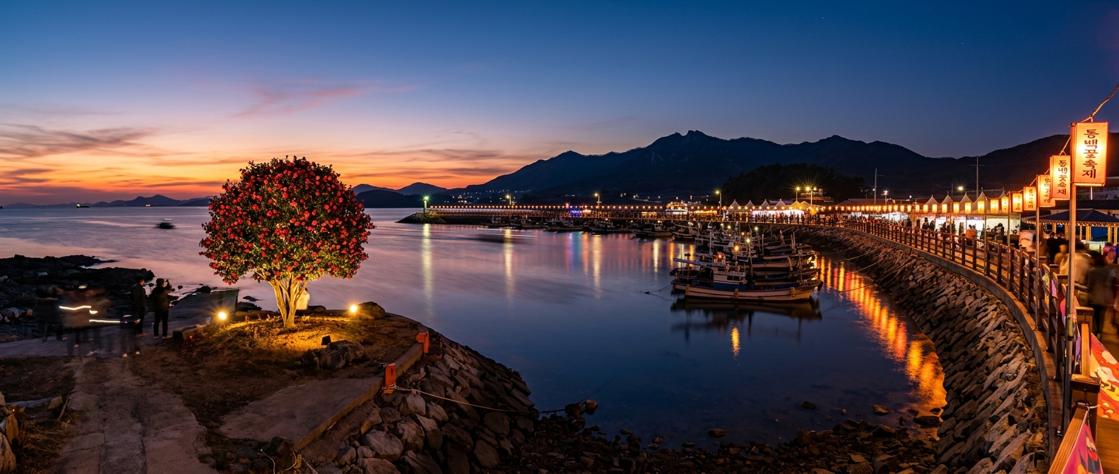 黄昏時に祭りの照明とボートのシルエットが重なるマリャンジン港のパノラマ