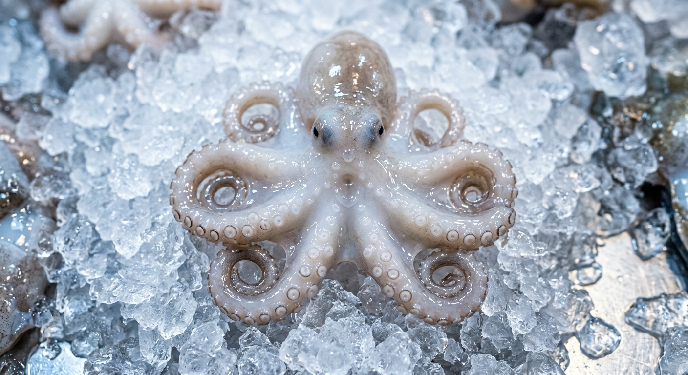 氷の上に並んだ新鮮な生テナガダコのみずみずしい質感