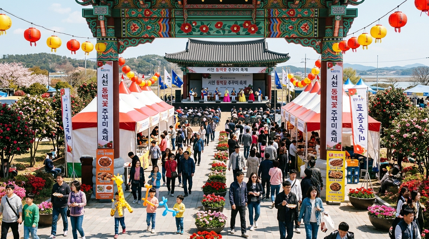 マリャンジン港の祭り会場に集まる賑やかな人波とブース