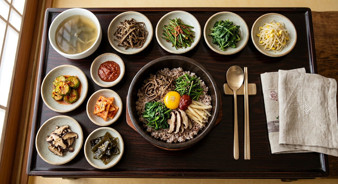 전통 한국 수랏상 스타일의 산나물 상차림