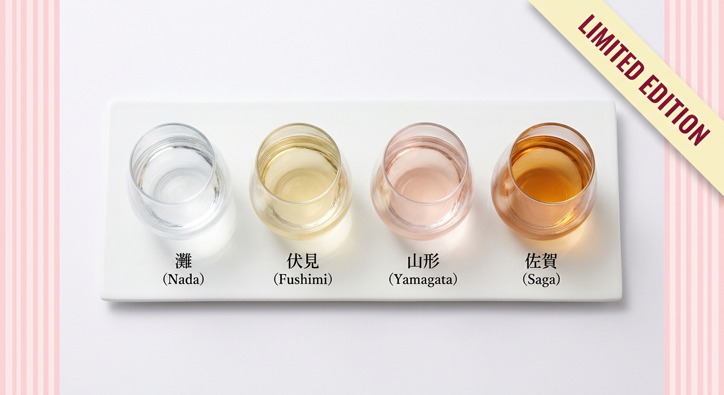 Editorial Flat Lay of a Carefully Selected 4-Sake Flight