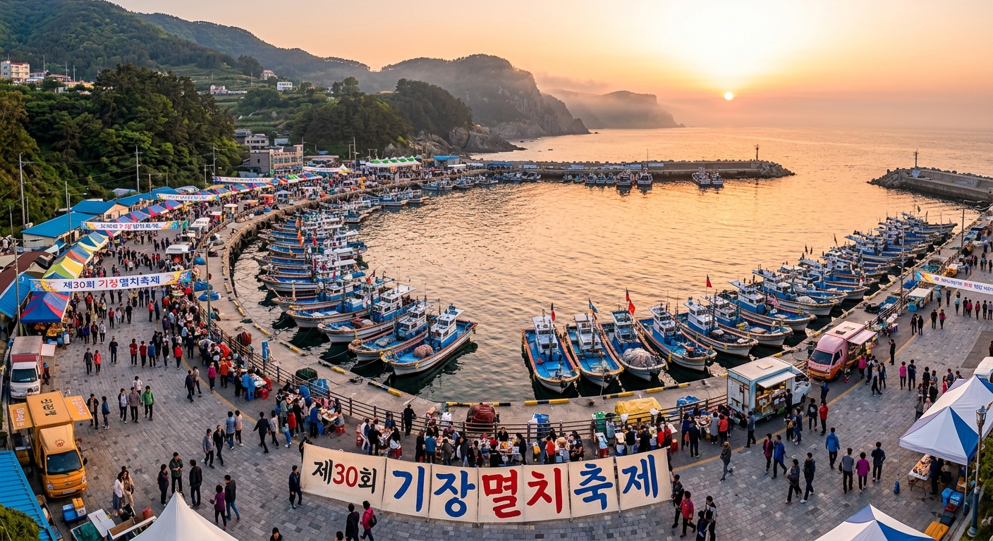 제30회 기장멸치축제 황금빛 노을 아래 대변항 항공 전경