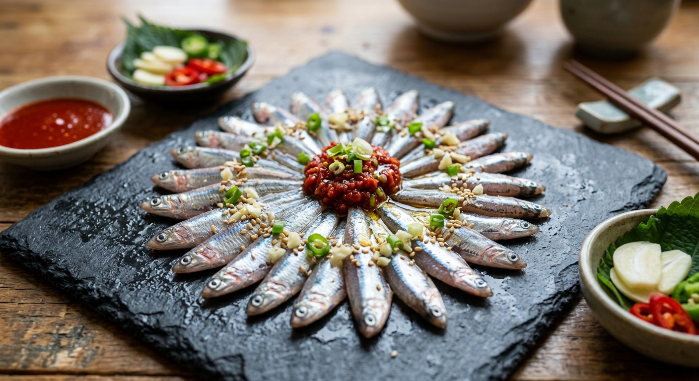 아름답게 플레이팅된 신선한 생멸치회 접시 클로즈업