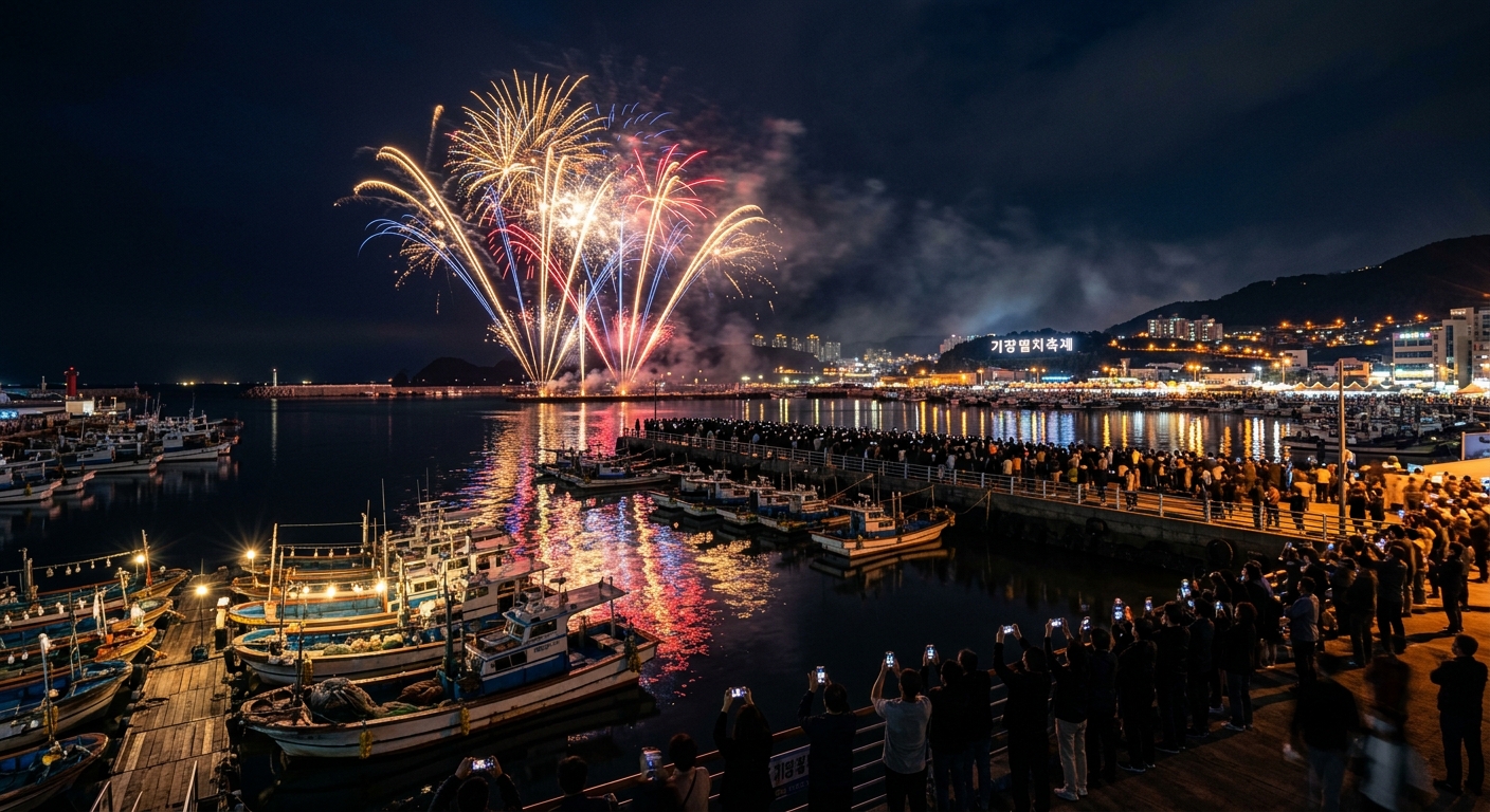 대변항 야간 해상 불꽃쇼 — 항구 위로 터지는 화려한 불꽃