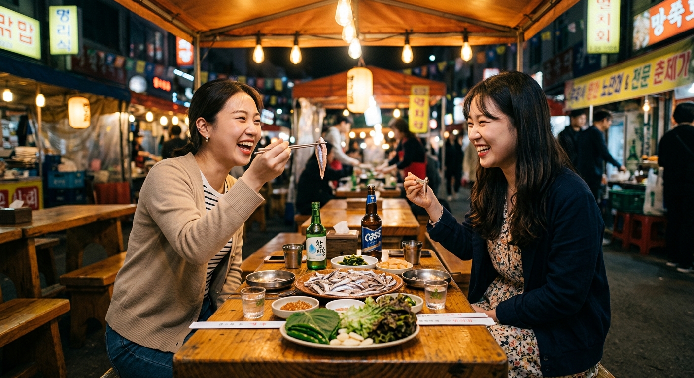 축제 포장마차 천막에서 생멸치회를 함께 즐기는 두 여성 방문객