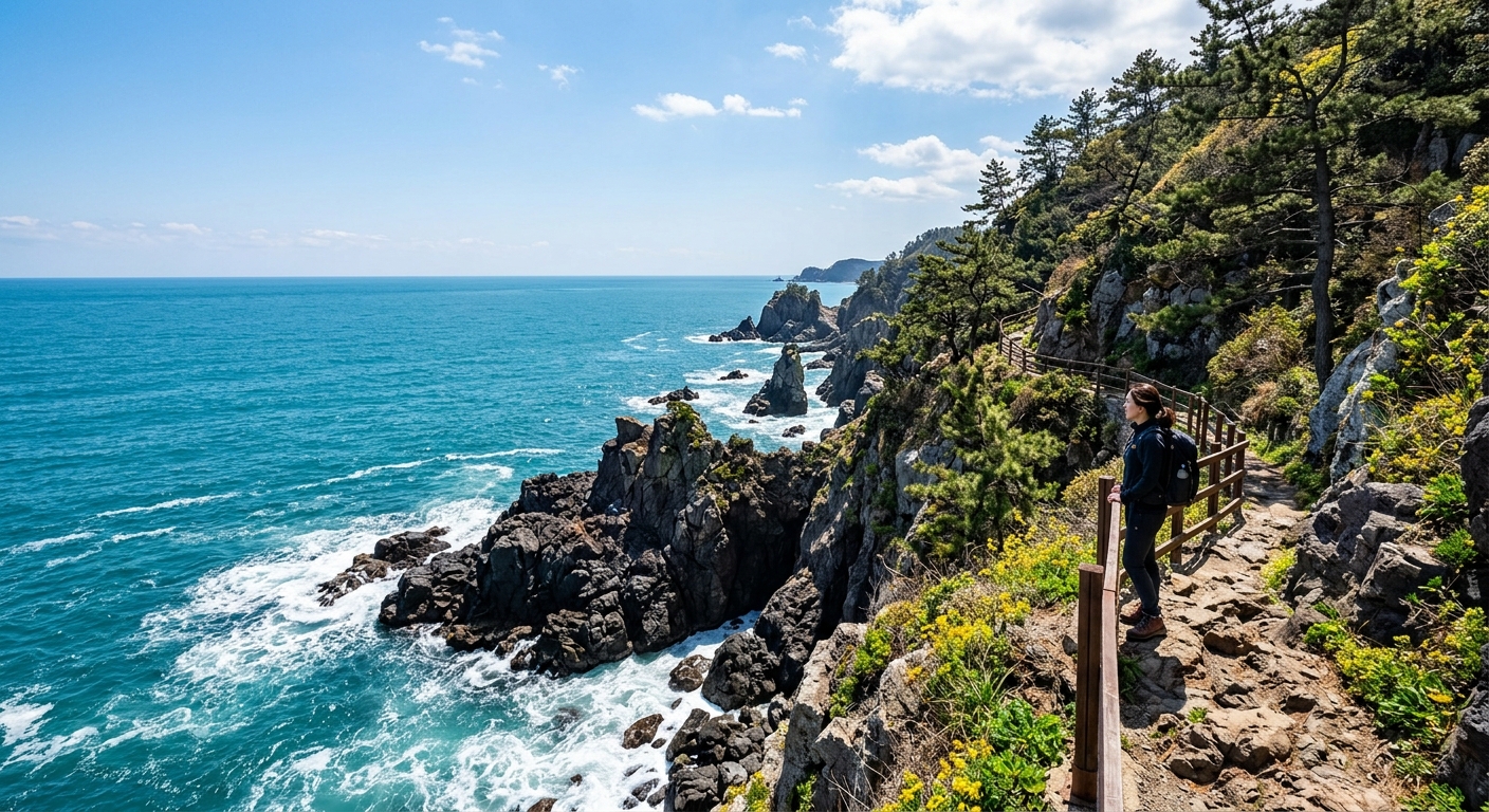봄날 대변항 인근 기장 해안 절벽과 에메랄드빛 바다 전경