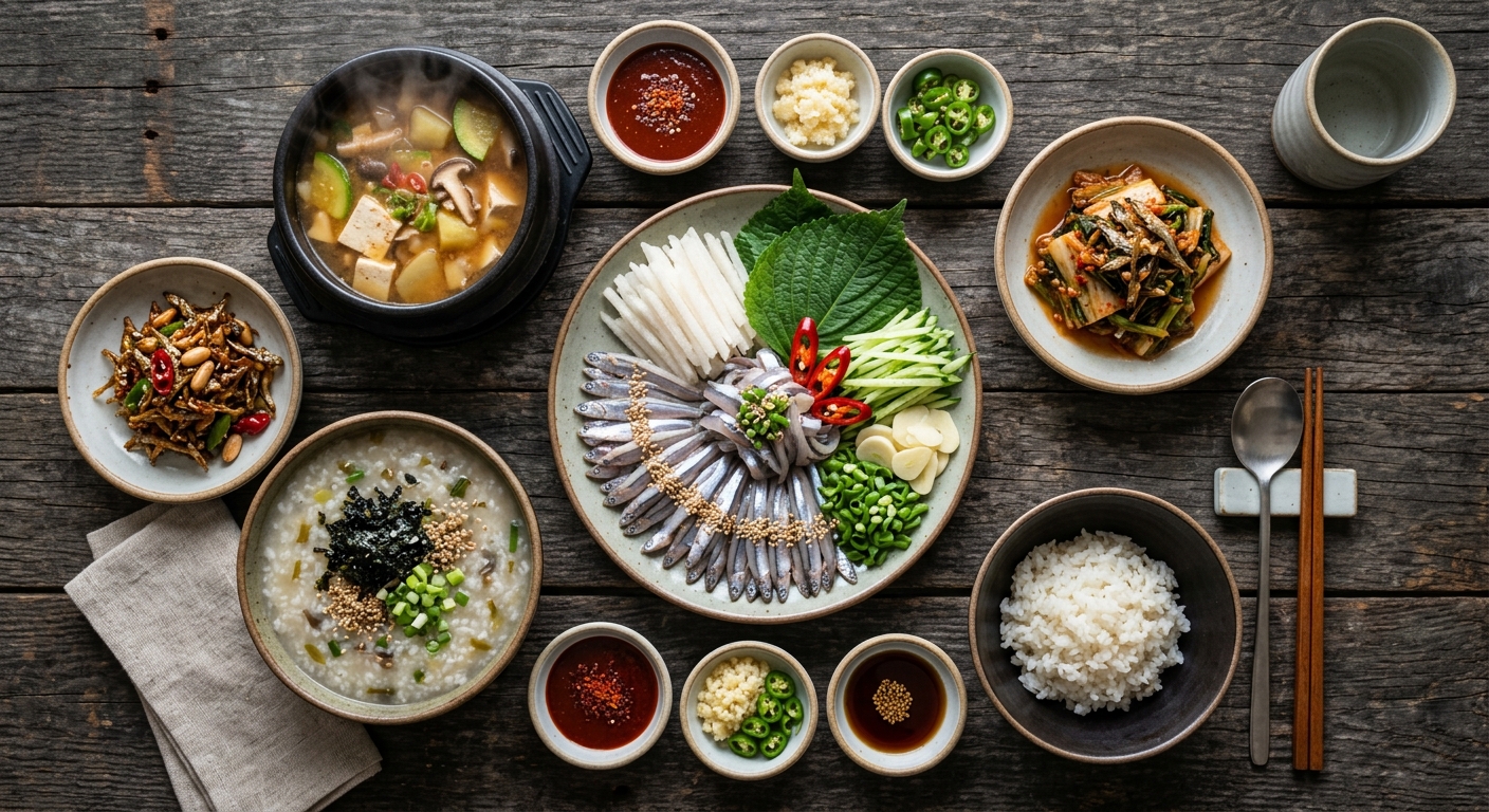 기장 멸치 요리 풀 코스 — 다양한 멸치 음식들이 펼쳐진 오버헤드 플랫레이