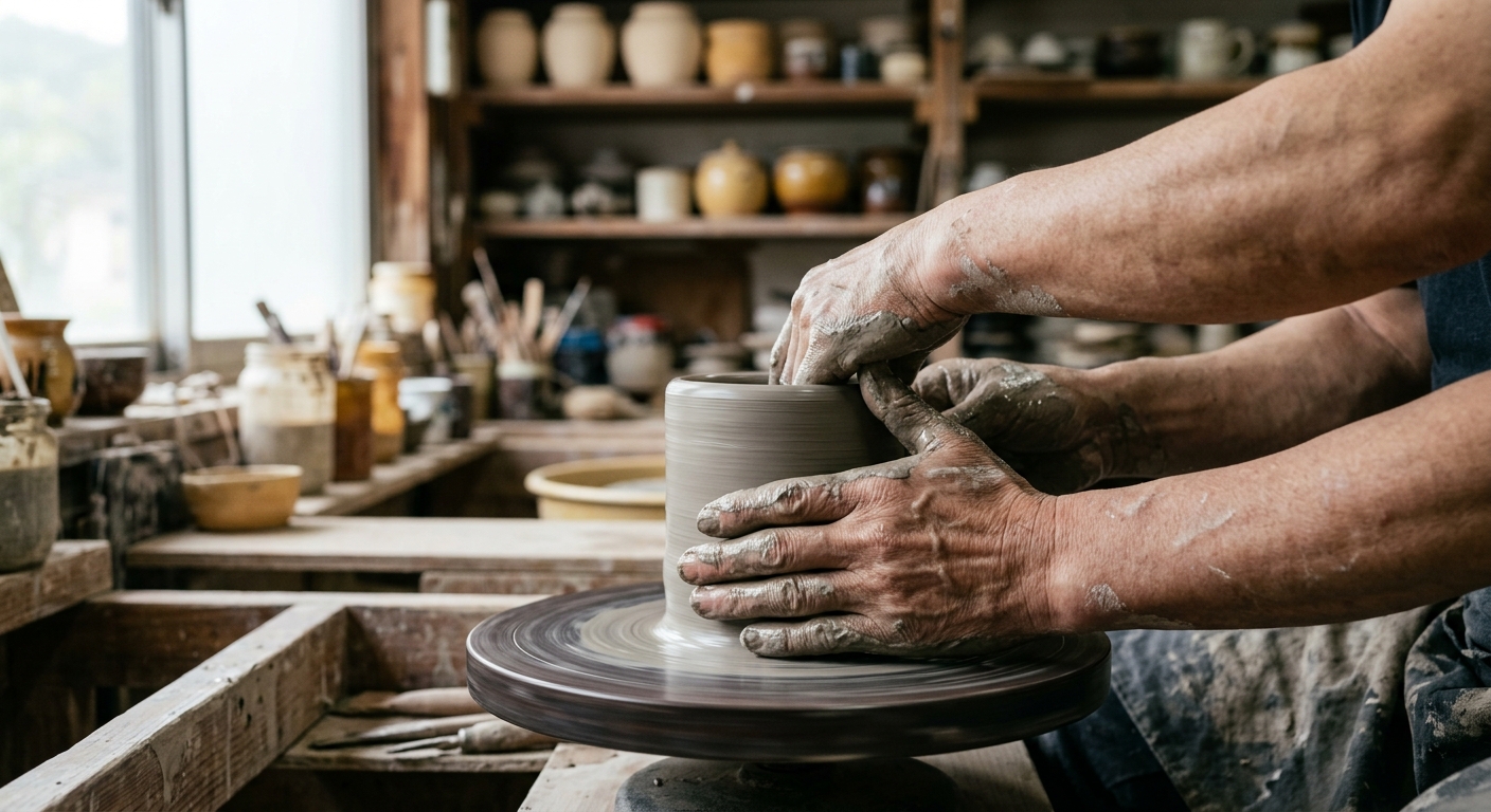 Clay being shaped on a pottery wheel — a craftsman's earth-stained hands at work