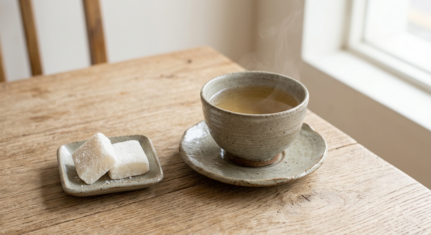 Barley tea and rice crackers served in handmade ceramic cups and dishes at a Yes Park café