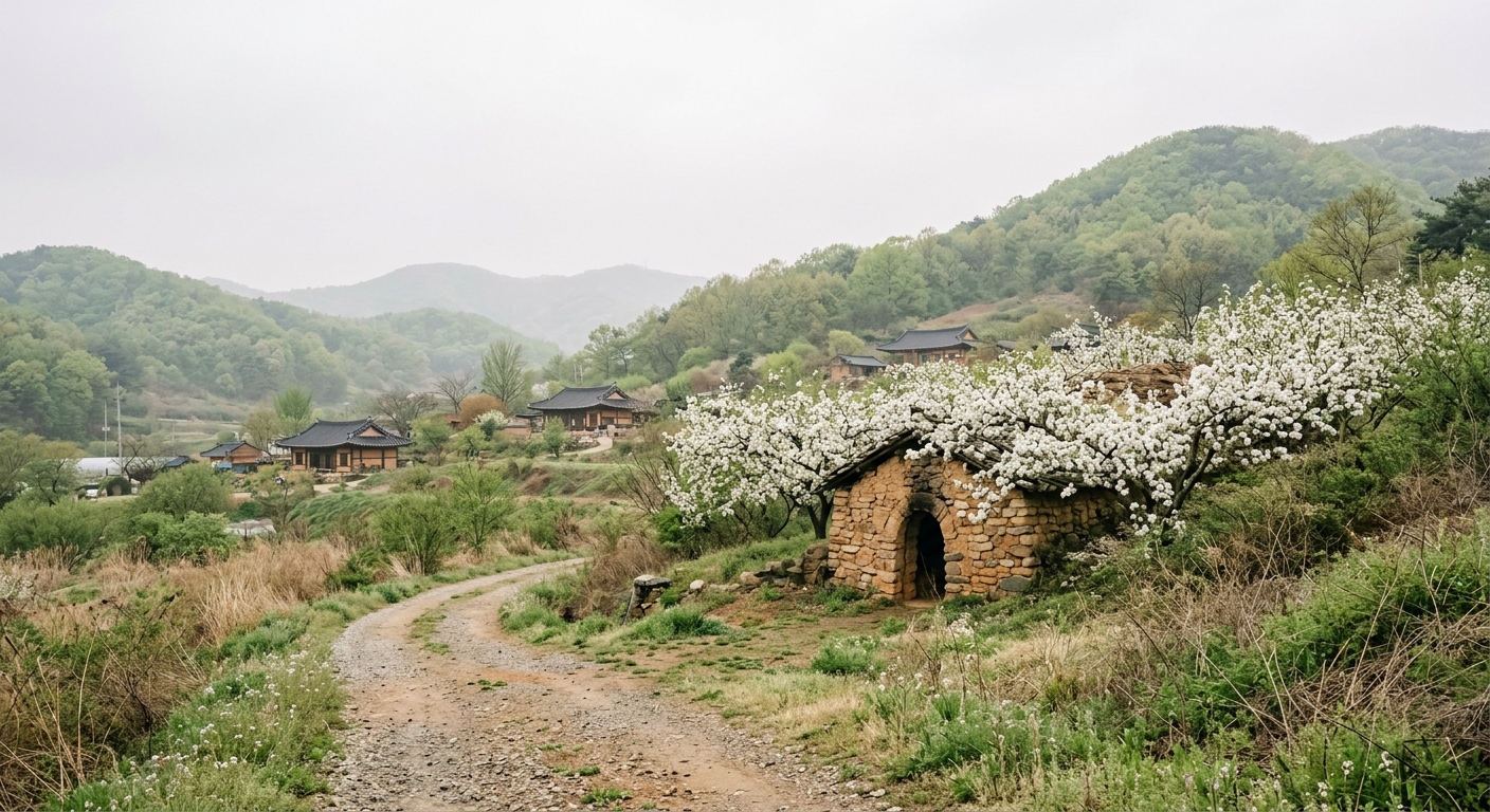 Spring scenery around a traditional wood-fired kiln in Icheon, surrounded by blossoming spring flowers