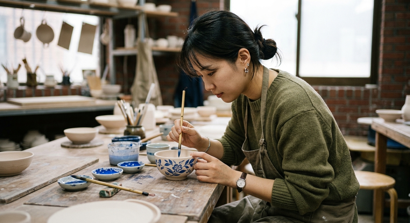 Travelers participating in a ceramic painting workshop at Yes Park