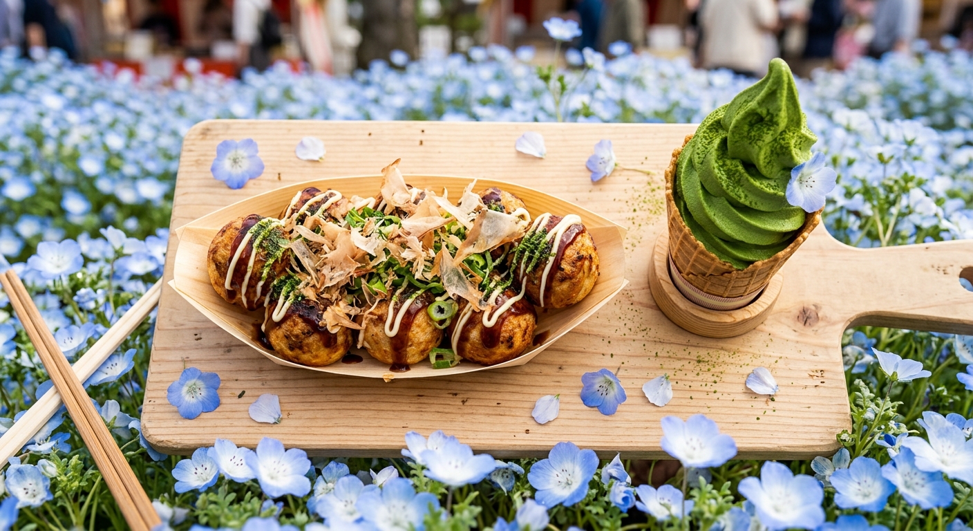 타코야키와 말차 소프트아이스크림 플랫레이, 네모필라 꽃 장식