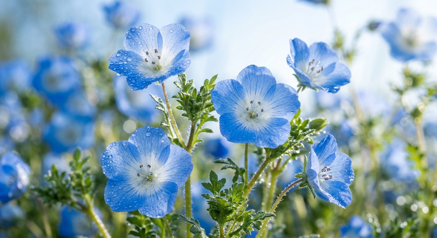 네모필라 꽃 접사, 이슬과 파란 보케 배경