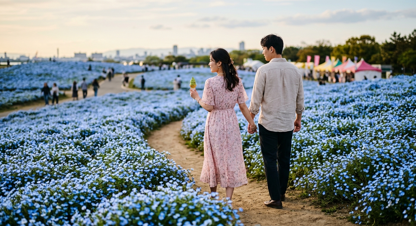 네모필라 꽃길을 걷는 커플, 음식을 손에 들고