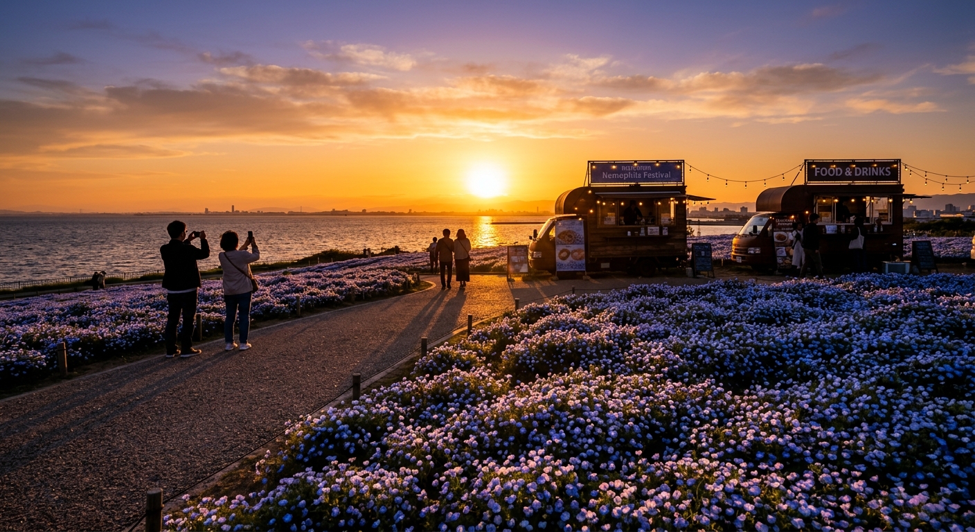 황금빛 노을 속 네모필라 꽃밭과 푸드트럭 스트링 라이트