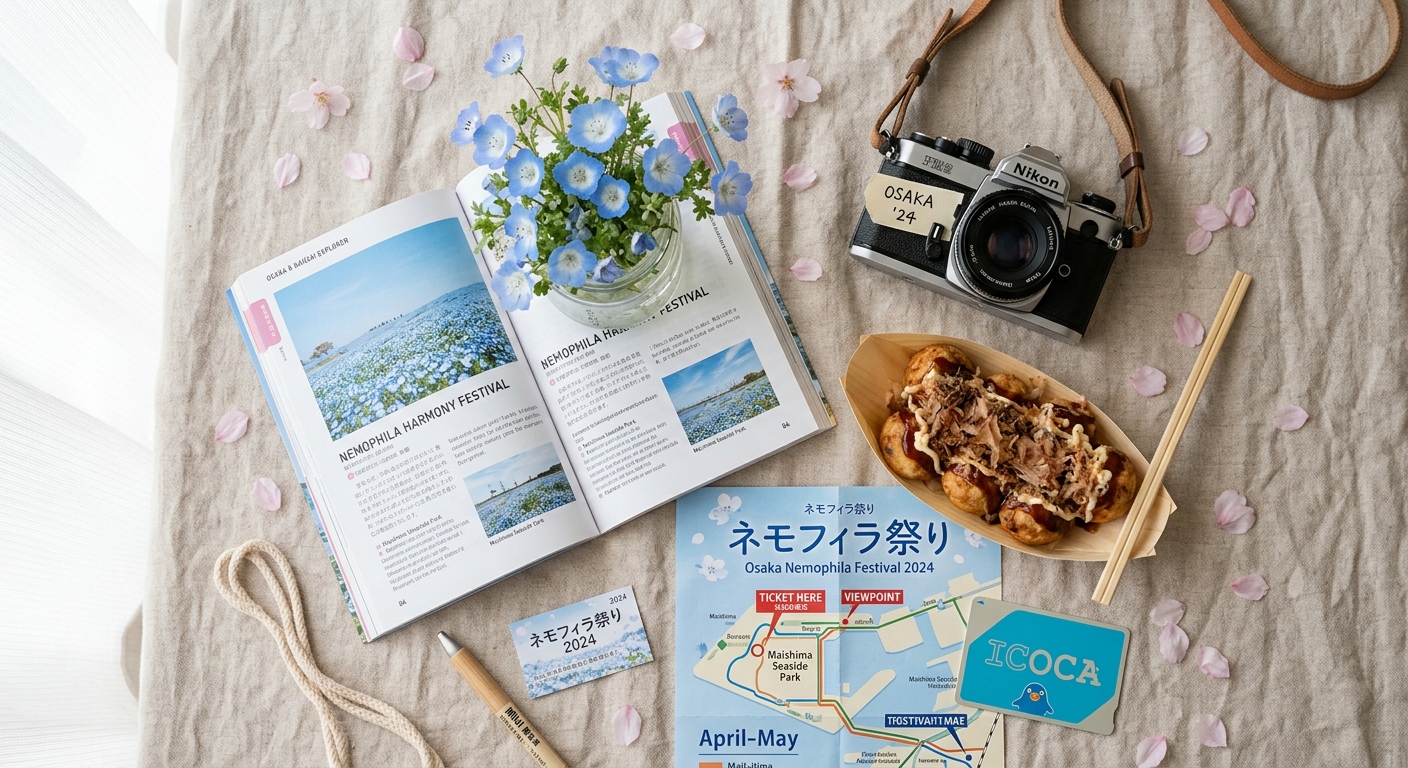 봄 여행 플랫레이, 네모필라 꽃·타코야키·오사카 페스티벌 필수품