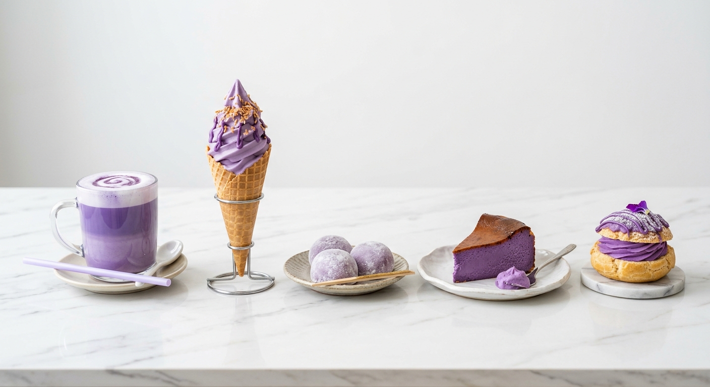 韓国カフェのさまざまなウベスイーツのラインナップ