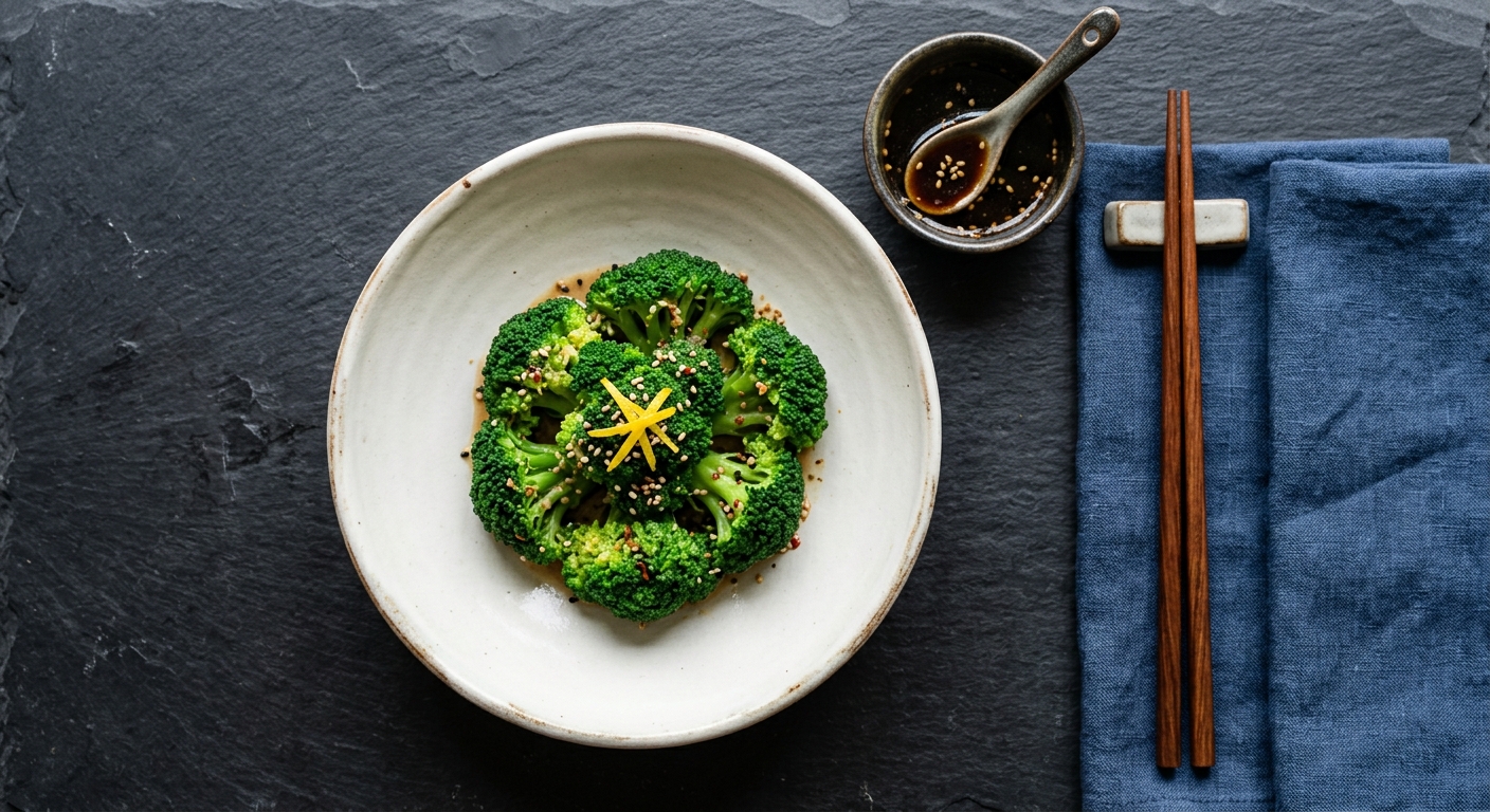 일식 스타일로 브로콜리를 주인공으로 한 일본 레스토랑의 요리 한 접시