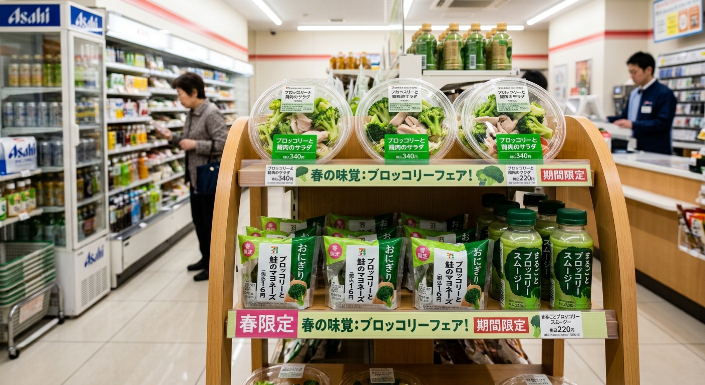 편의점의 브로콜리 관련 상품 진열대