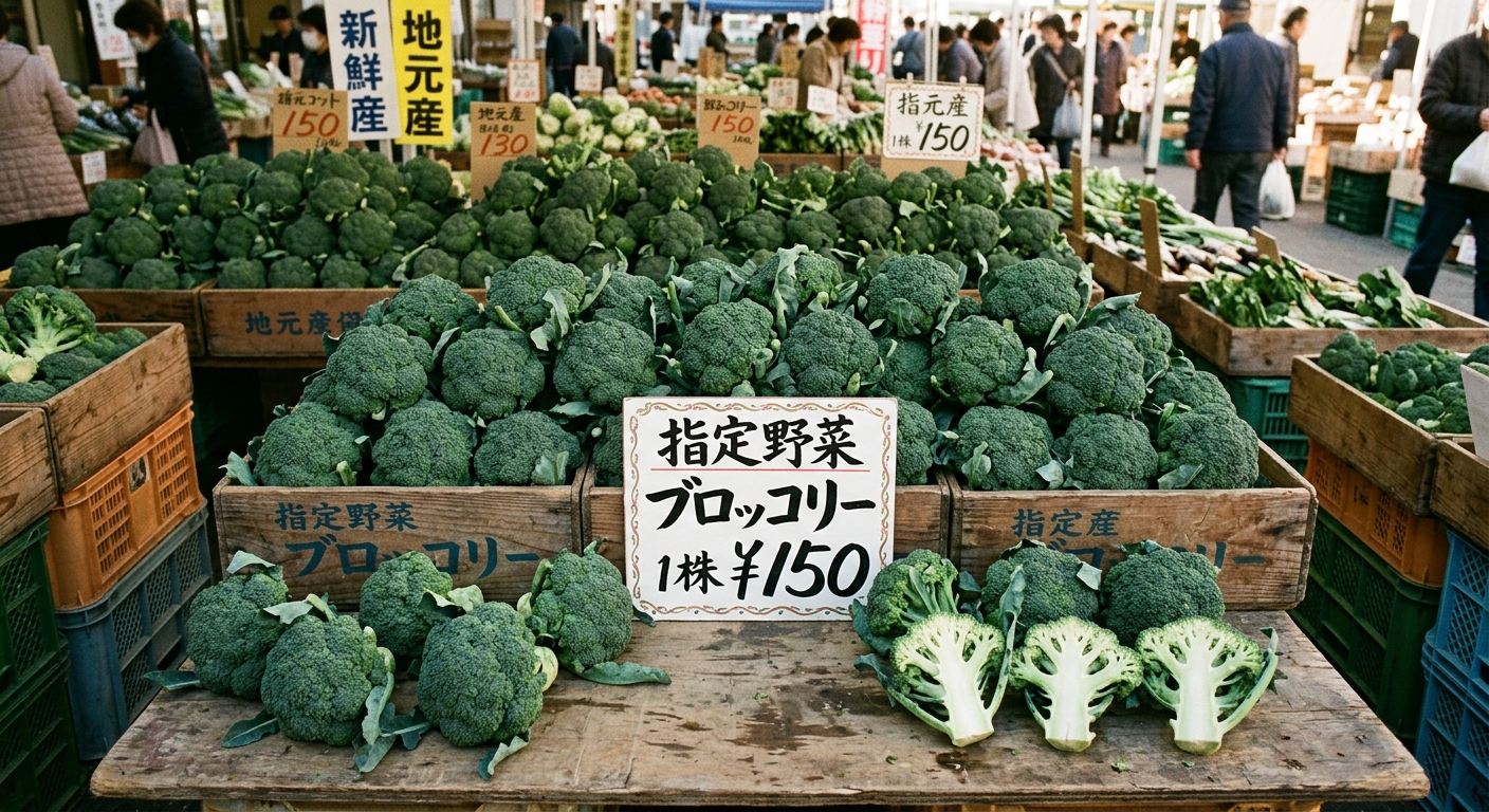 '지정채소' 표시가 붙은 시장의 브로콜리 판매대