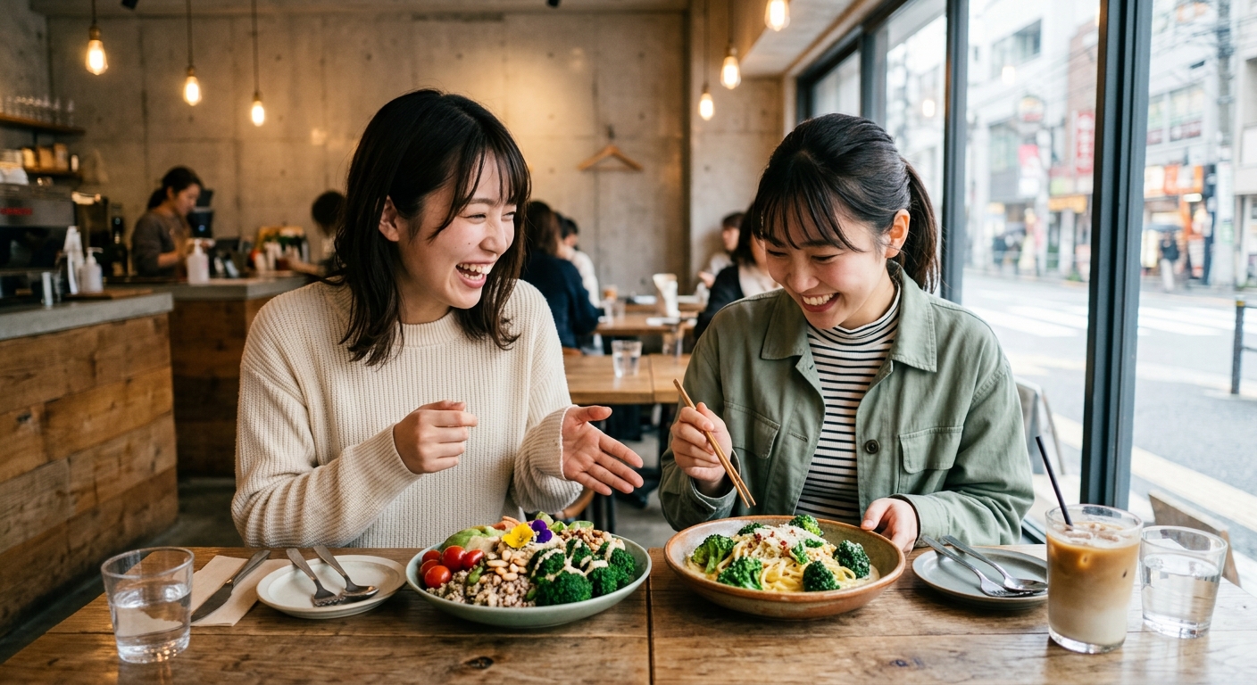 도쿄 카페에서 브로콜리 요리를 즐기는 젊은 여성 두 명
