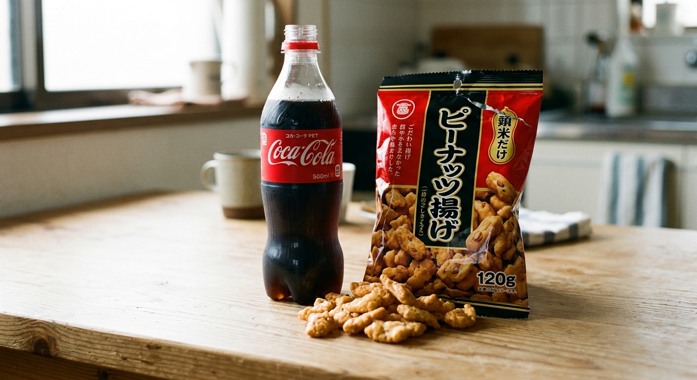 A bottle of Coca-Cola and a bag of salted peanuts on a wooden table