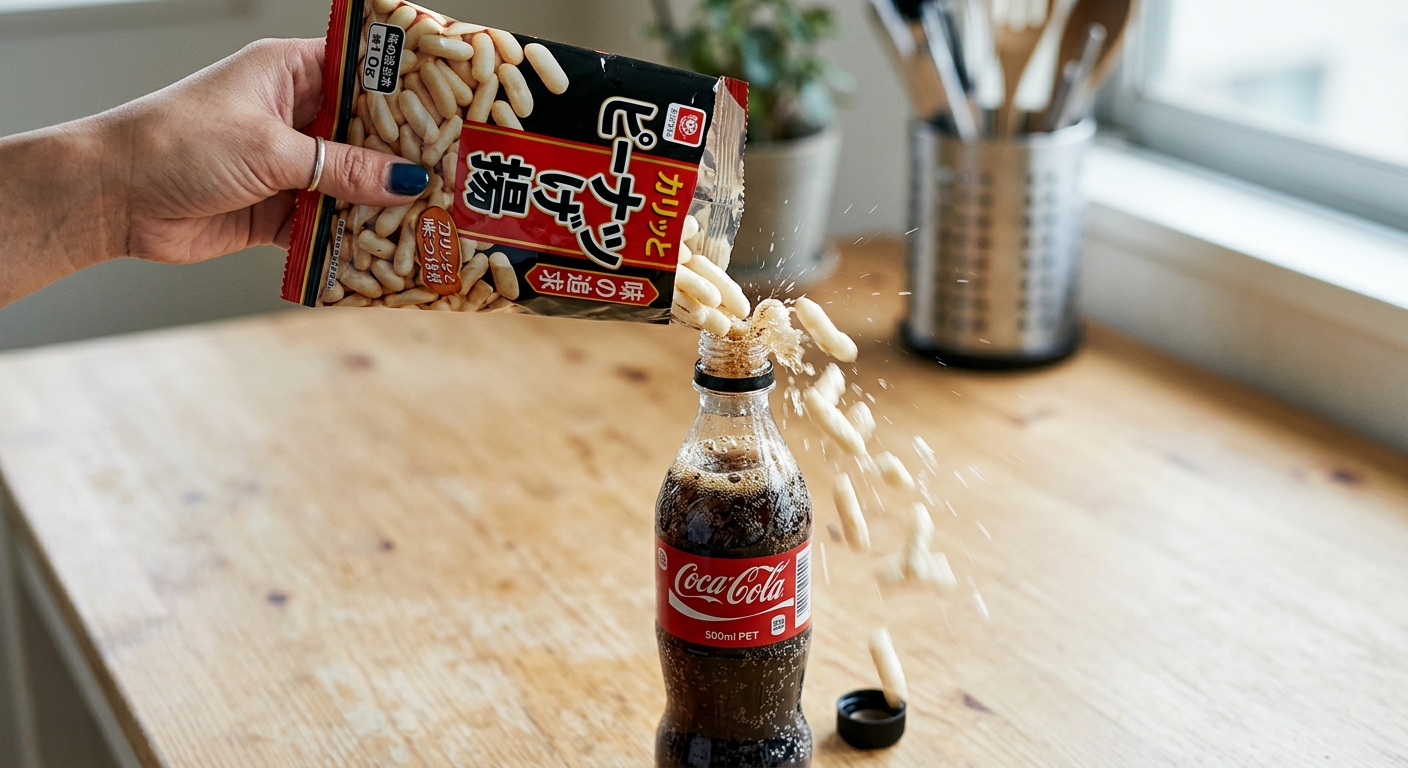 Action shot of peanuts being poured into a bottle of Coke