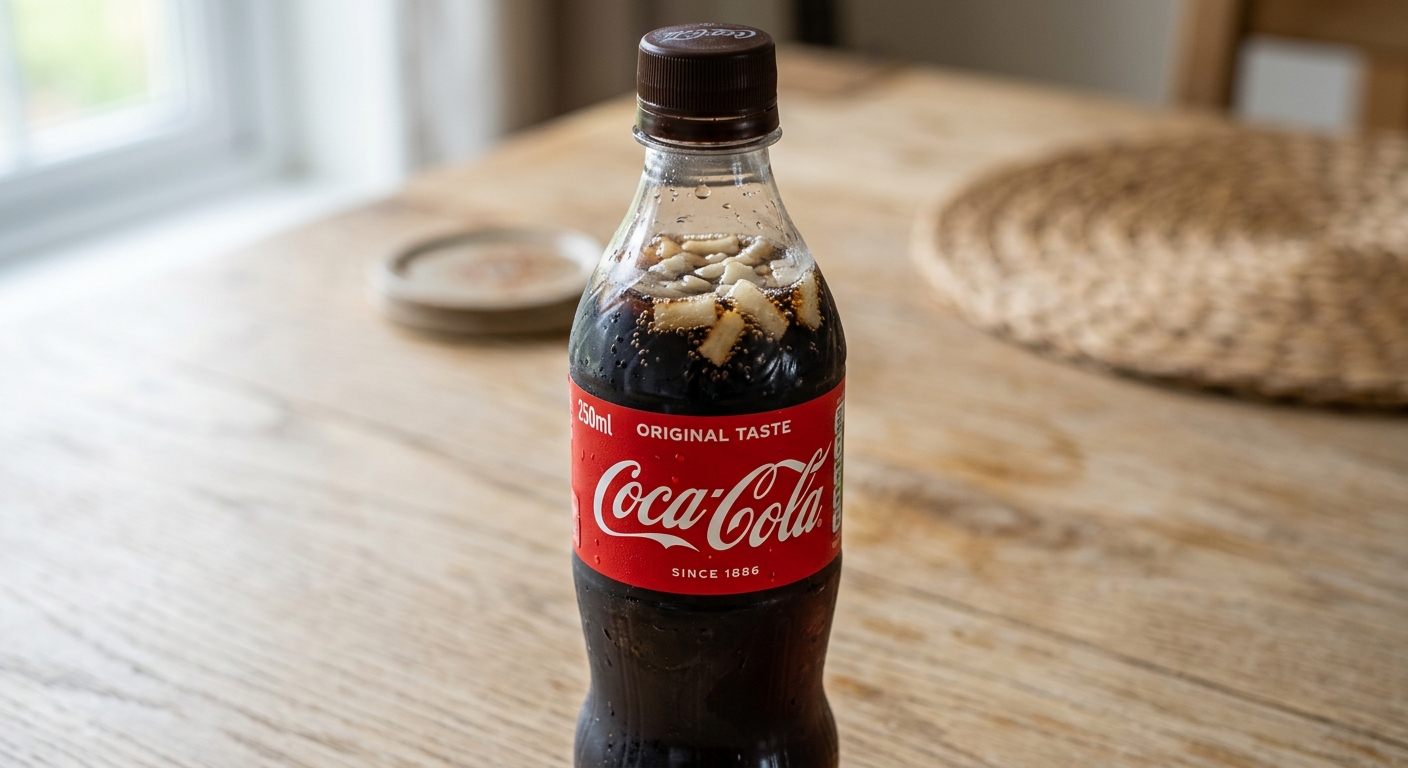 Close-up of a Coca-Cola bottle with peanuts visible inside