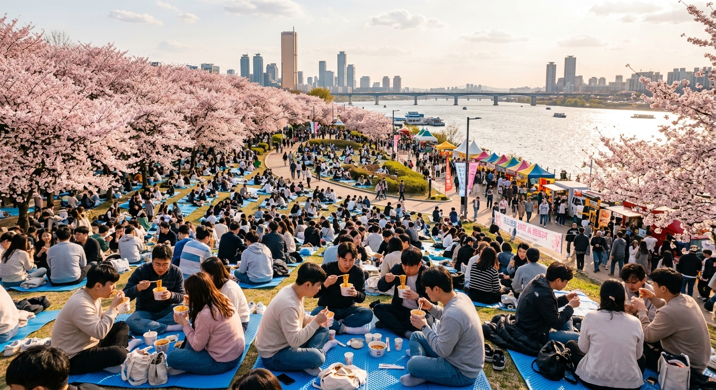 汝矣島漢江公園の桜の下、レジャーシートに座ってラーメンを楽しむ人々