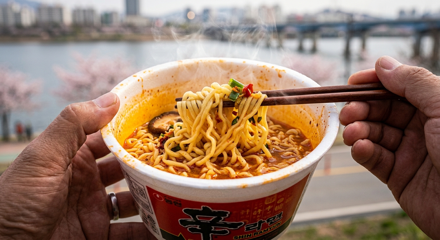漢江を背景に湯気の立つ漢江ラーメンのカップと箸のクローズアップ