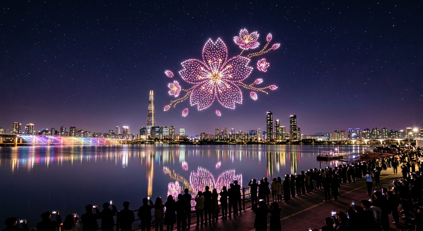 漢江上空のドローンライトショーが桜模様のパターンを水面に映し出す夜景